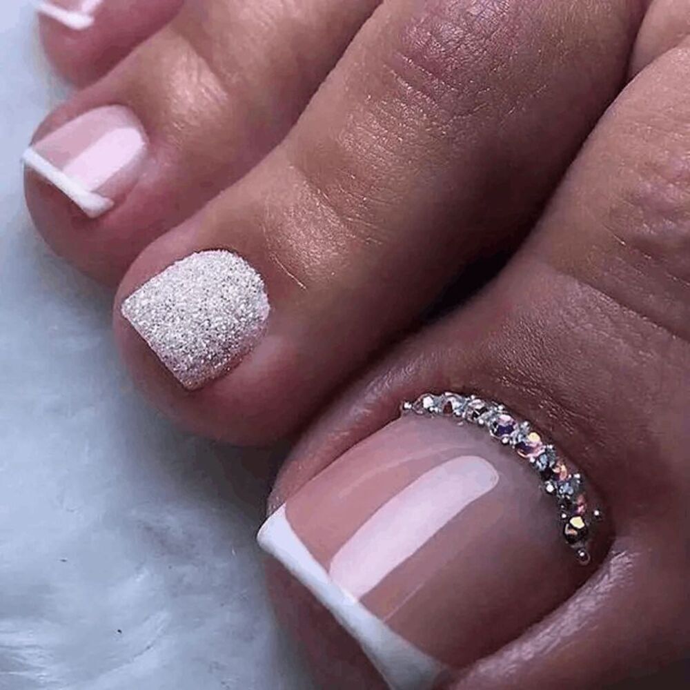 French Manicure Diamond Press On Toenails